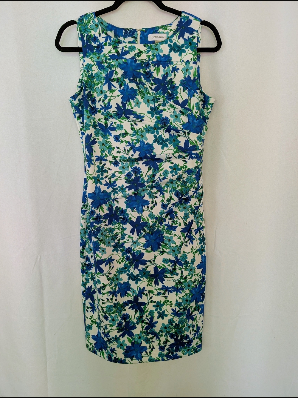 Calvin Klein White Sheath Dress with Blue & Green Floral Print